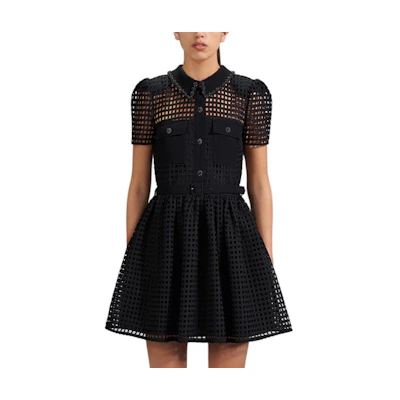 (Women) Self-Portrait Black Puff Sleeve Cut-Out Collar Mini Dress. SWF341Y09900