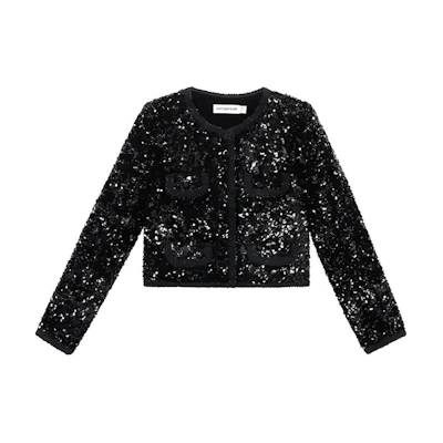 (Women) Self-Portrait Black Sequin Cropped Button-Up Jacket. SWF344T01600