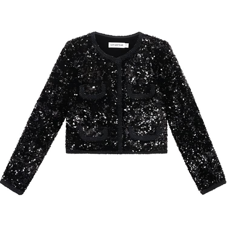 (Women) Self-Portrait  Black Sequin Cropped Button-Up Jacket. SWF344T01600 圖 2
