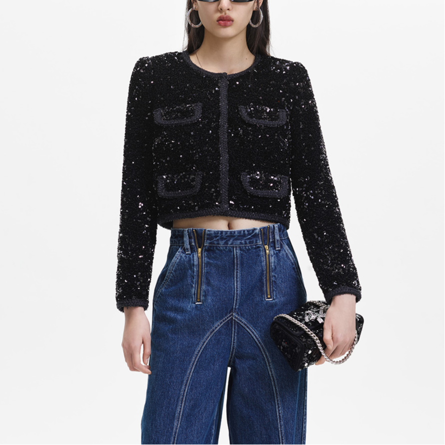 (Women) Self-Portrait  Black Sequin Cropped Button-Up Jacket. SWF344T01600 圖 3