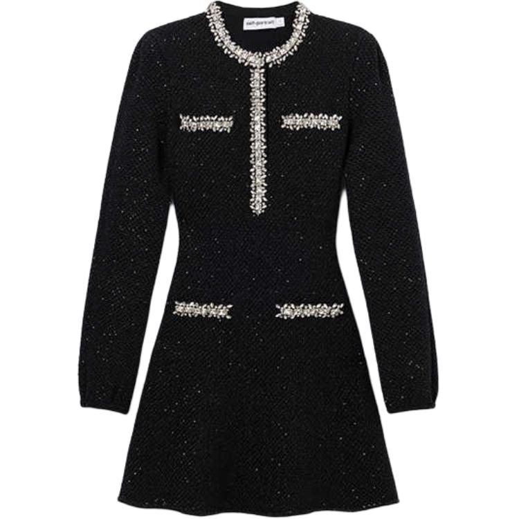 (Women) Self-Portrait  Black Sequin Long Sleeve Dress with Rhinestone Details SWF361M03300