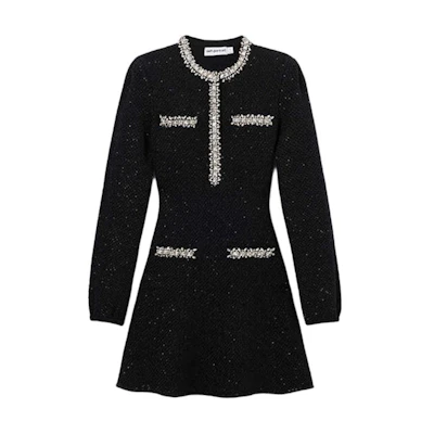 (Women) Self-Portrait Black Sequin Long Sleeve Dress with Rhinestone Details SWF361M03300