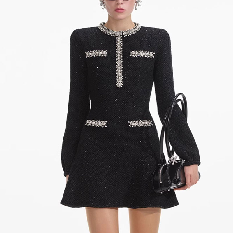 (Women) Self-Portrait  Black Sequin Long Sleeve Dress with Rhinestone Details SWF361M03300 圖 3