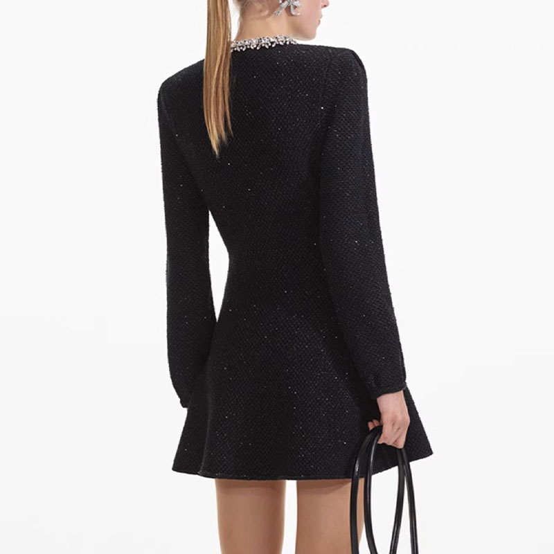 (Women) Self-Portrait  Black Sequin Long Sleeve Dress with Rhinestone Details SWF361M03300 圖 4