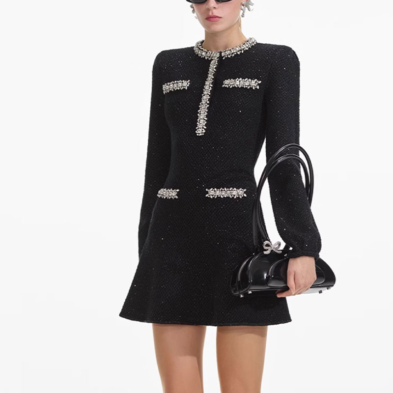 (Women) Self-Portrait  Black Sequin Long Sleeve Dress with Rhinestone Details SWF361M03300 圖 5