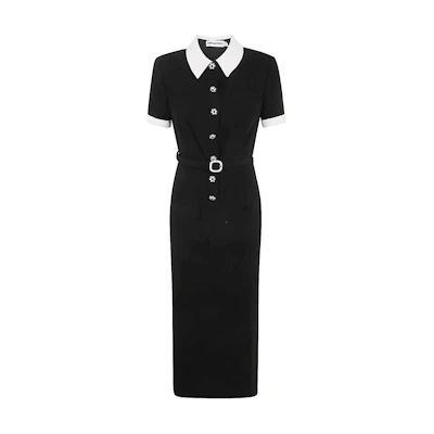 (Women) Self-Portrait Black Slim-Fit Polo Midi Dress with Striped Trim. AW24007MBBLACK