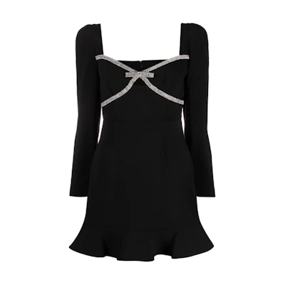 (Women) Self-Portrait Black Square Neck Slim Fit Long Sleeve Mini Dress RS24030SB-BLACK