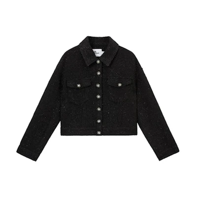(Women) Self-Portrait Black Tweed Jacket with Lapel, Pockets & Drop Shoulder Design SWF351T01500