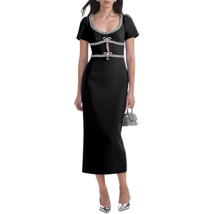 (Women) Self-Portrait  Black U-Neck Midi Dress with Rhinestone Detail SWF353Y09500