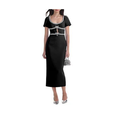 (Women) Self-Portrait Black U-Neck Midi Dress with Rhinestone Detail SWF353Y09500