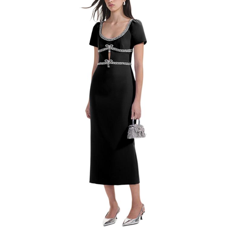 (Women) Self-Portrait  Black U-Neck Midi Dress with Rhinestone Detail SWF353Y09500 圖 3