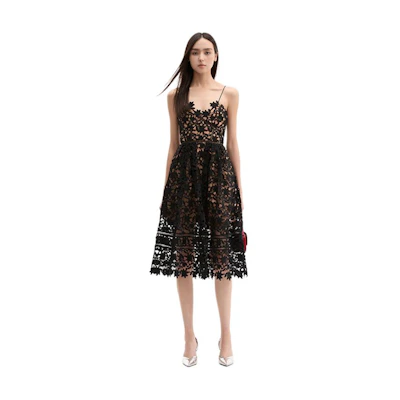 (Women) Self-Portrait Black V-Neck Embroidered Sleeveless Dress. SWF336Y13800