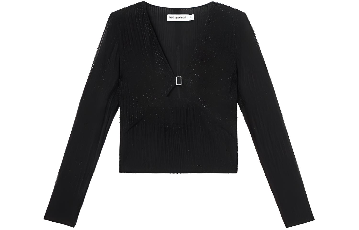 (Women) Self-Portrait  Black V-Neck Long Sleeve Pearl Detail T-Shirt SWF352C03100