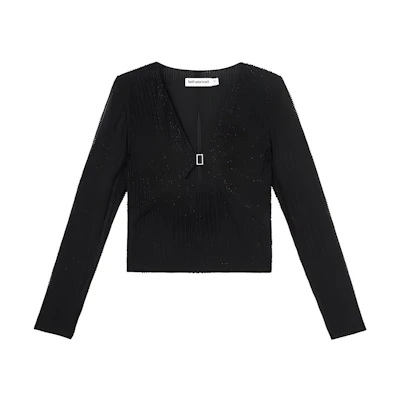 (Women) Self-Portrait Black V-Neck Long Sleeve Pearl Detail T-Shirt SWF352C03100