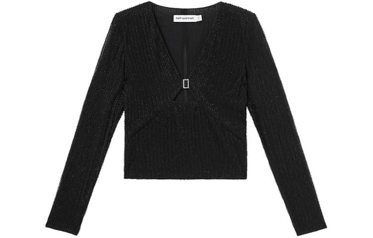 Order (W) Self-Portrait 黑色V領珍珠細節長袖T恤 SWF352C03100