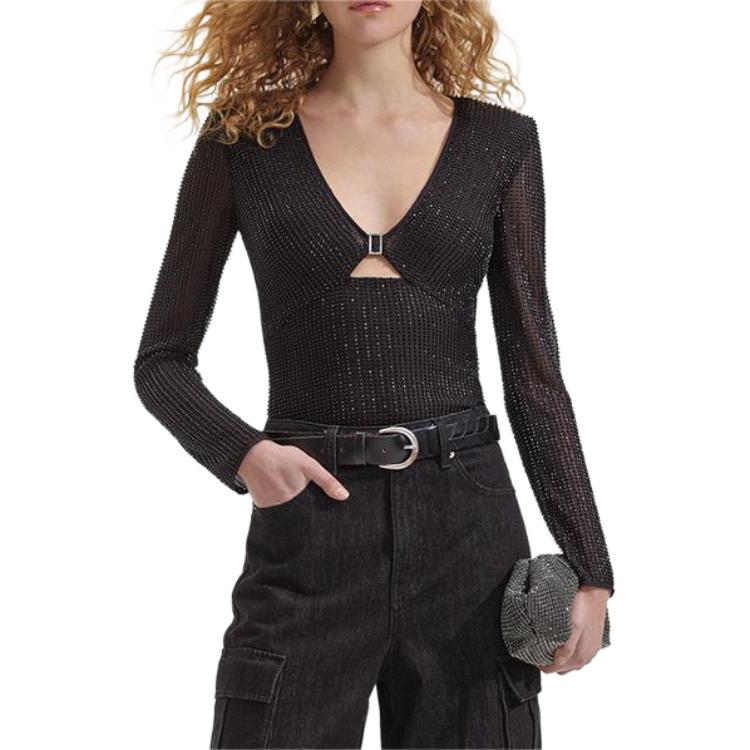 Lookbook (W) Self-Portrait 黑色V領珍珠細節長袖T恤 SWF352C03100