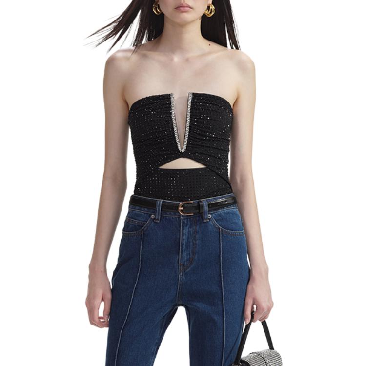 (Women) Self-Portrait  Black V-Neck Rhinestone Cutout Bustier Dress SWF353B00500 圖 3