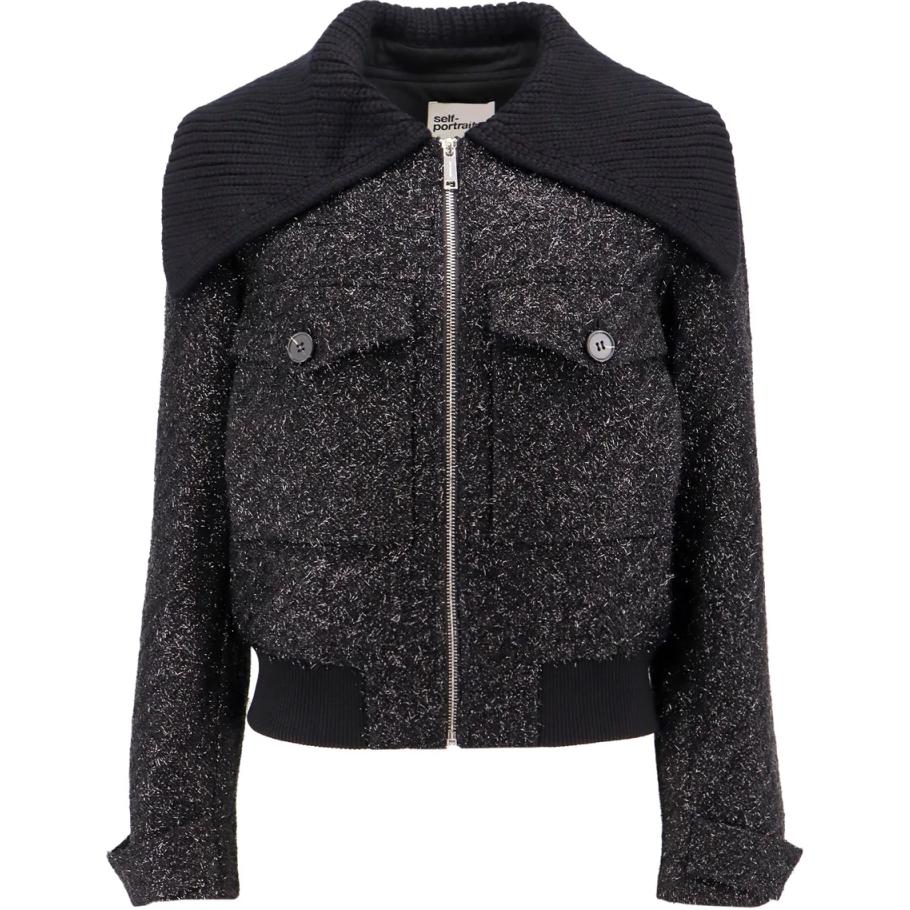 (Women) Self-Portrait  Black Zip Jacket with Spliced Lapel and Long Sleeves AW24051JB-BLACK