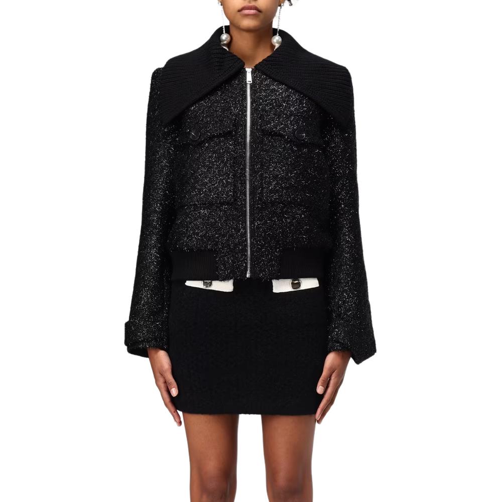 Purchase (W) Self-Portrait 黑色拼接翻領拉鍊長袖外套 AW24051JB-BLACK