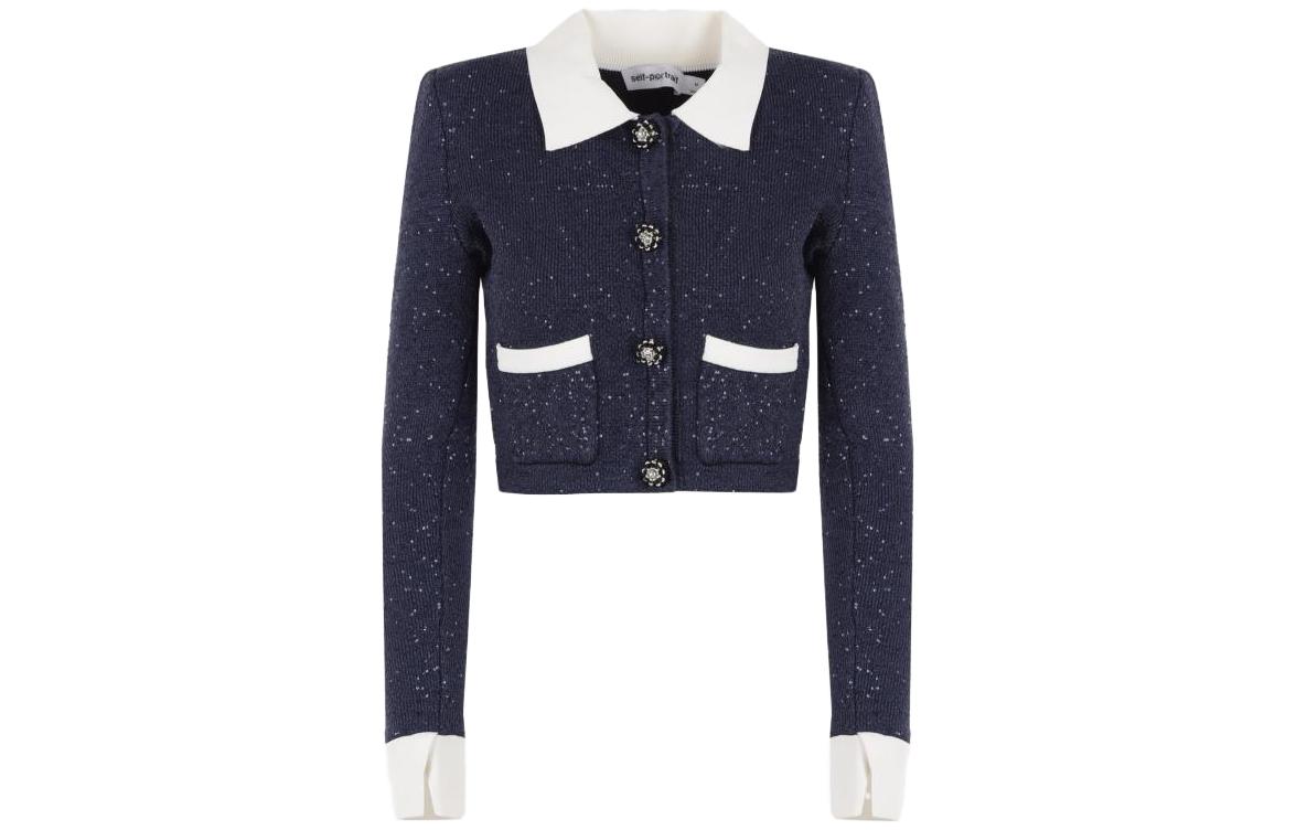 (Women) Self-Portrait  Blue Collared Cropped Knit Long Sleeve Top. SWF344M04100