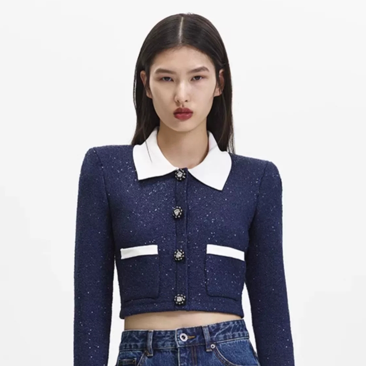 Purchase (W) Self-Portrait Baju Knit Biru Berleher Lipat Lengan Panjang Pendek. SWF344M04100