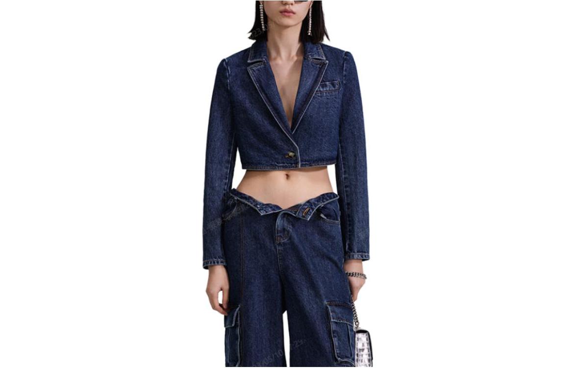 (Women) Self-Portrait  Blue Cropped Blazer with Notched Lapel and Long Sleeves SWF343T00600