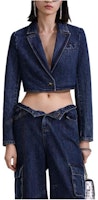 (Women) Self-Portrait Blue Cropped Blazer with Notched Lapel and Long Sleeves SWF343T00600 (Women) Self-Portrait Blue Cropped Blazer with Notched Lapel and Long Sleeves SWF343T00600