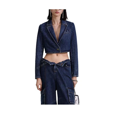 (Women) Self-Portrait Blue Cropped Blazer with Notched Lapel and Long Sleeves SWF343T00600
