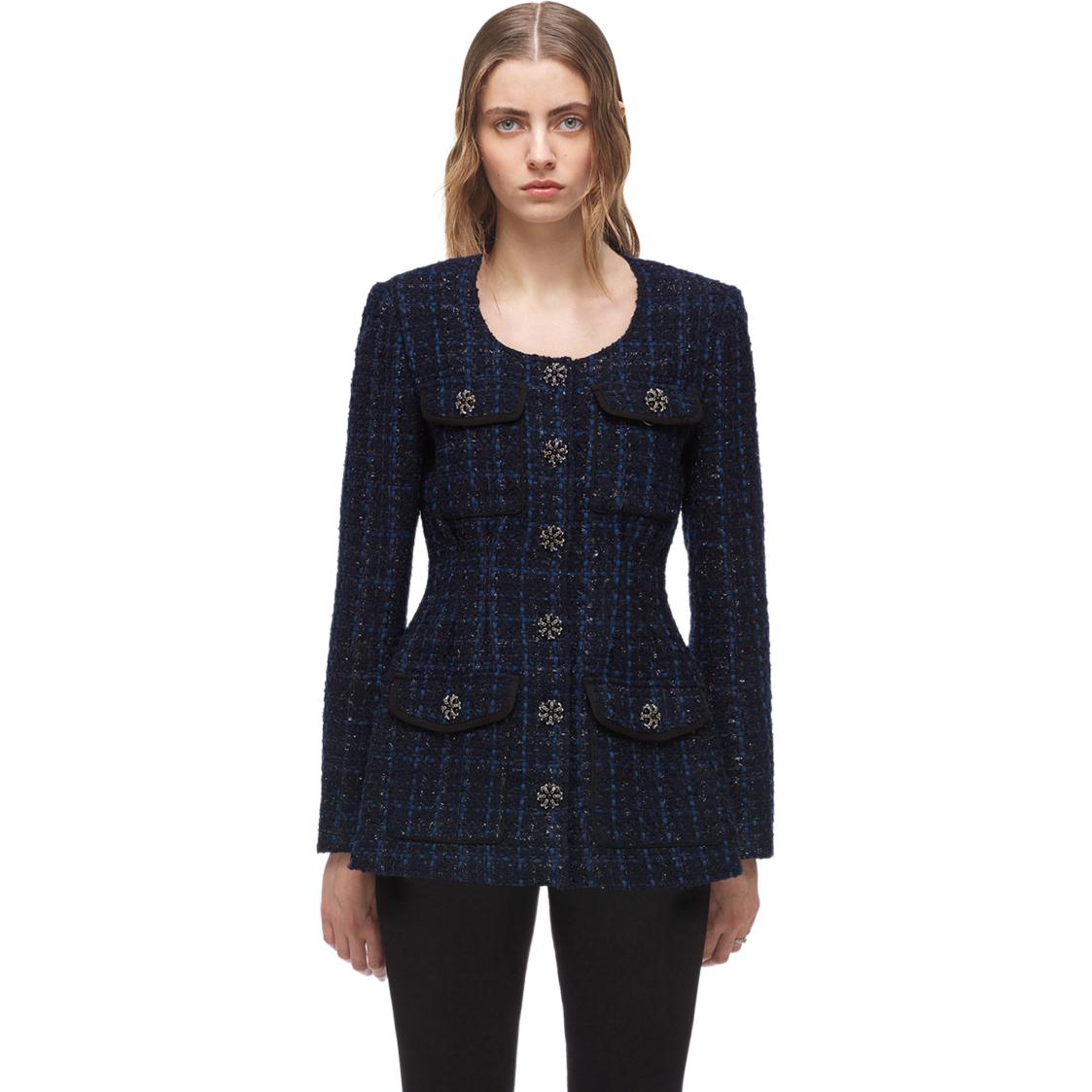 (Women) Self-Portrait  Blue Plaid Retro Cardigan Jacket with Round Neck and Waist-Fit. SWF336T10100 圖 3