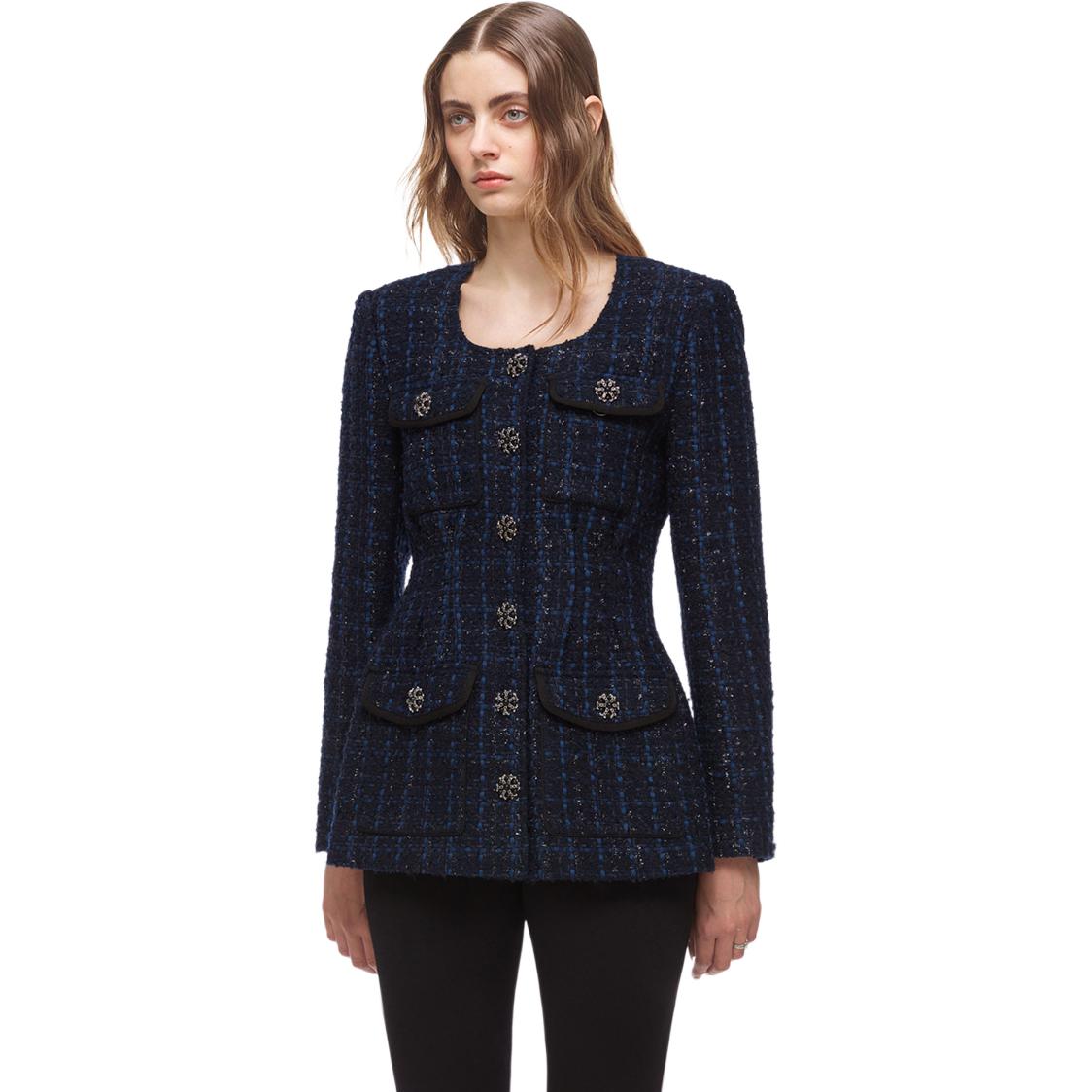 (Women) Self-Portrait  Blue Plaid Retro Cardigan Jacket with Round Neck and Waist-Fit. SWF336T10100 圖 5