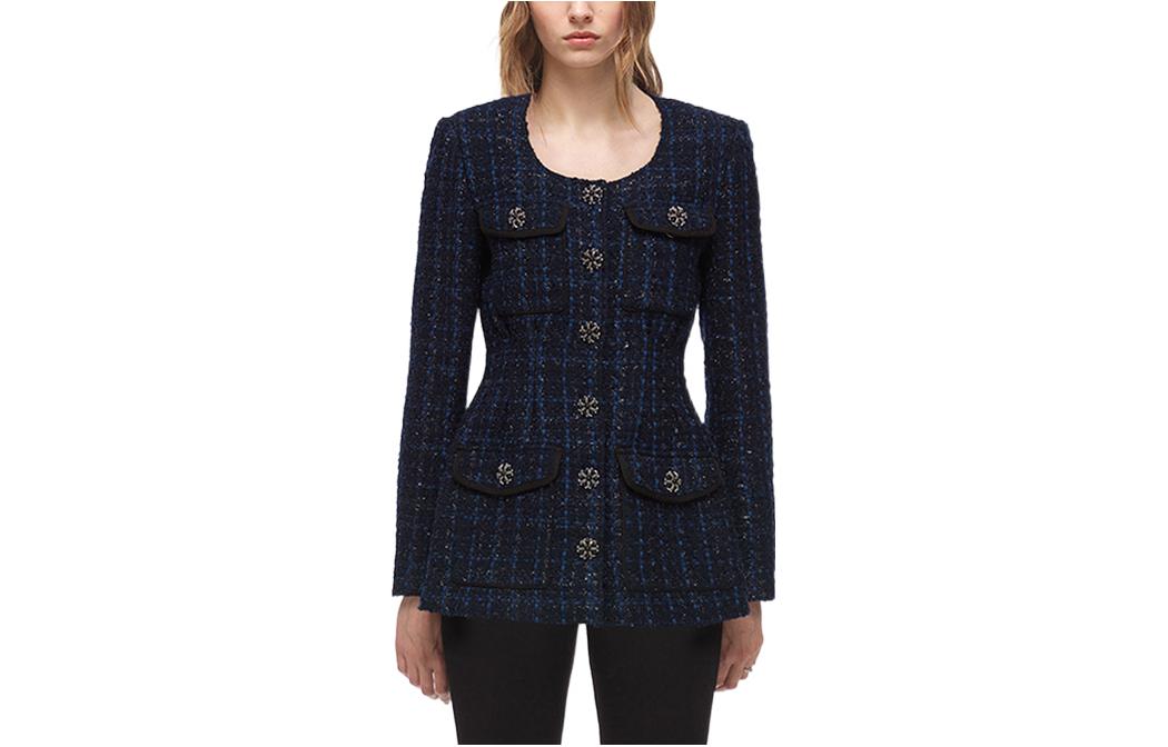 (Women) Self-Portrait  Blue Plaid Tweed Waist Jacket. SWF324T10100