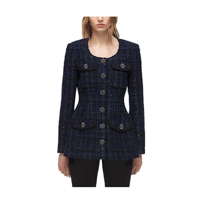 (Women) Self-Portrait Blue Plaid Tweed Waist Jacket. SWF324T10100