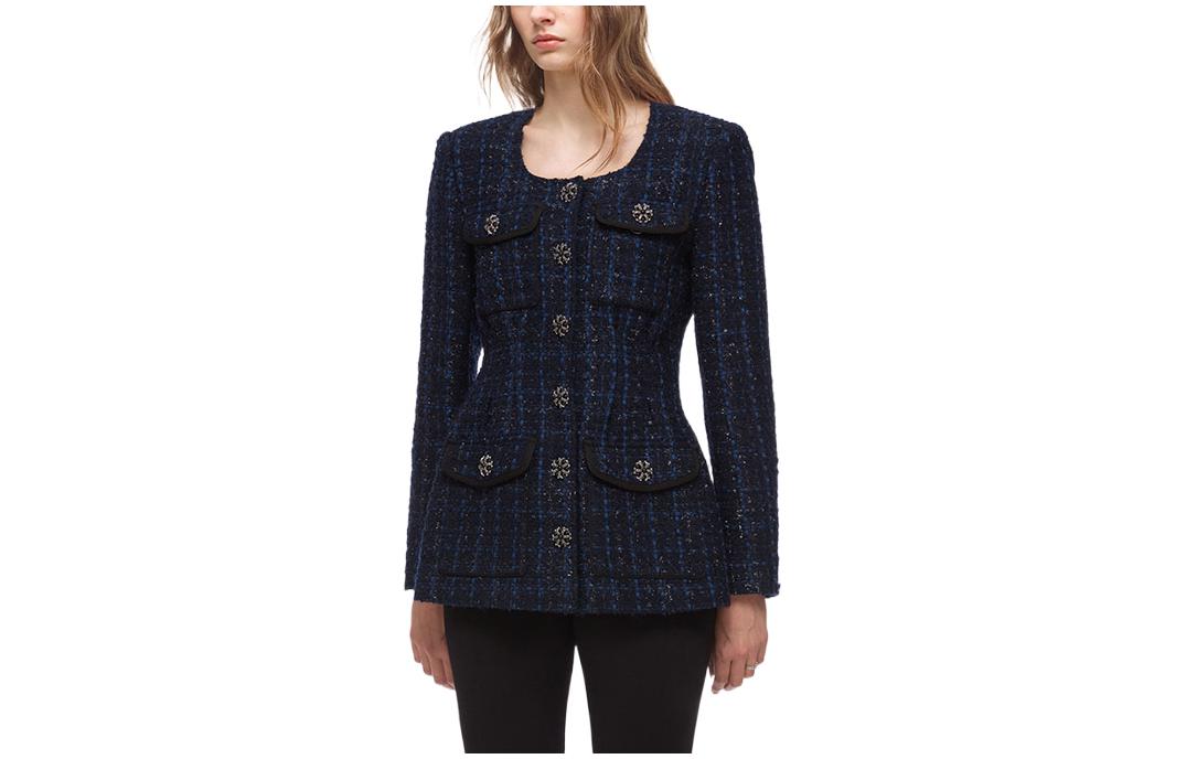 Shop (W) Self-Portrait Jaket Pinggang Tweed Kotak Biru. SWF324T10100