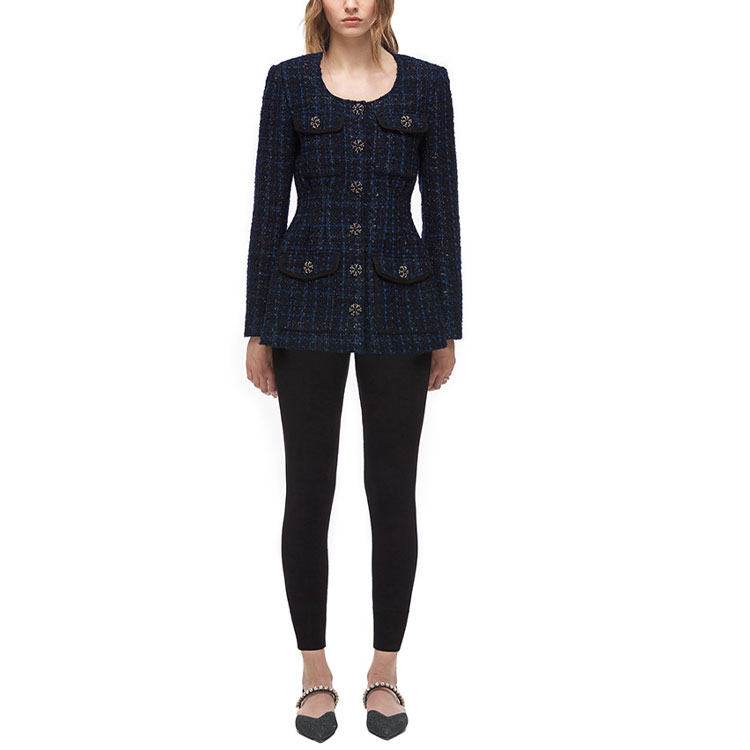 Purchase (W) Self-Portrait Jaket Pinggang Tweed Kotak Biru. SWF324T10100