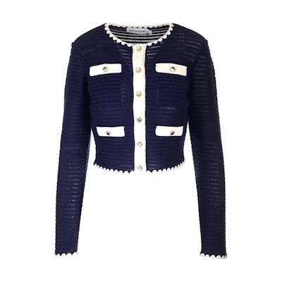 (Women) Self-Portrait Blue Short Cardigan Long Sleeve Knit Top. PF24131JBL