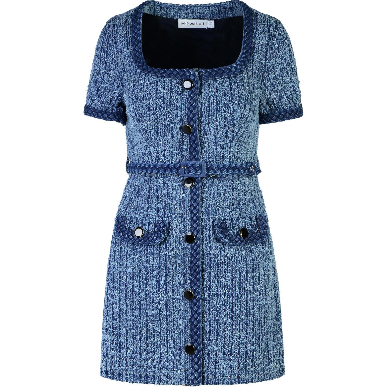 (Women) Self-Portrait  Blue Short Sleeve Buttoned Mini Dress PF24836SBLBLUE