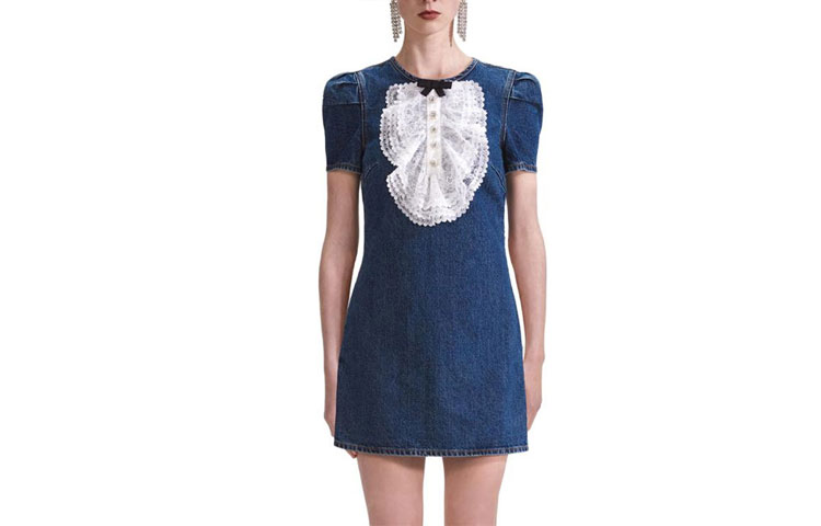 (Women) Self-Portrait  Bow Lace Collar Colorblock Denim Dress - Elegant & Chic Party Wear SWF343Y07700