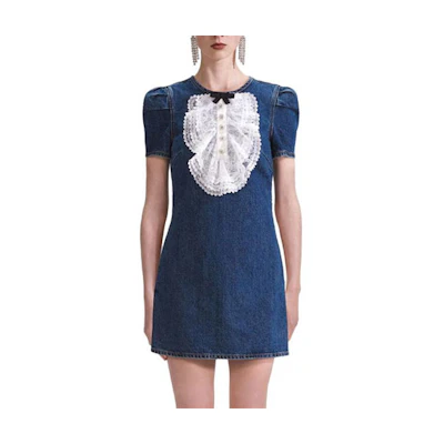 (Women) Self-Portrait Bow Lace Collar Colorblock Denim Dress - Elegant & Chic Party Wear SWF343Y07700