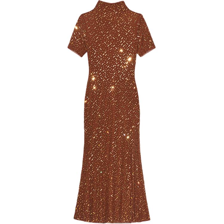 (Women) Self-Portrait  Brown Mesh Midi Dress with Rhinestone Galaxy Design. SWF354Y14800