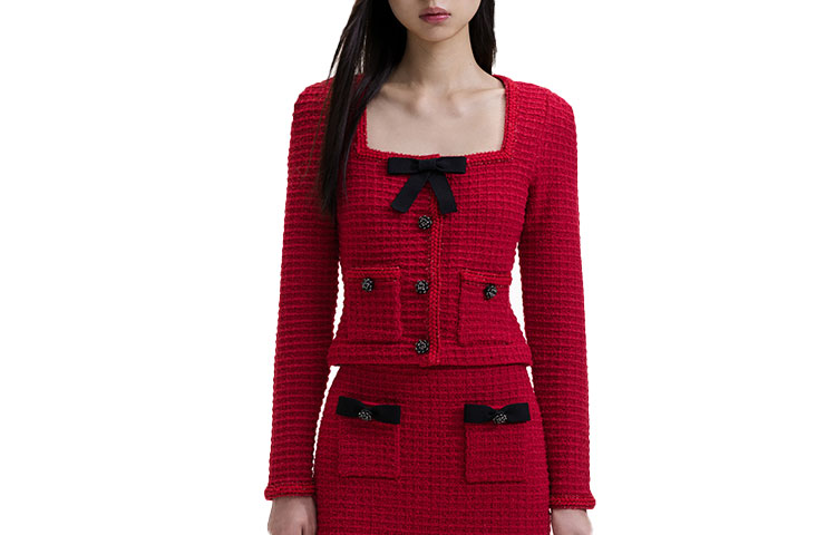 (Women) Self-Portrait  Burgundy Knit Cardigan Jacket with Bow & Checkered Pattern. SWF351M00600