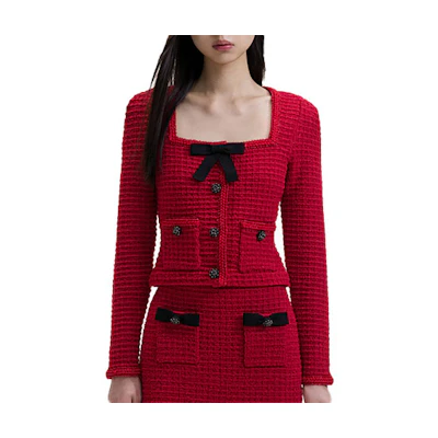 (Women) Self-Portrait Burgundy Knit Cardigan Jacket with Bow & Checkered Pattern. SWF351M00600