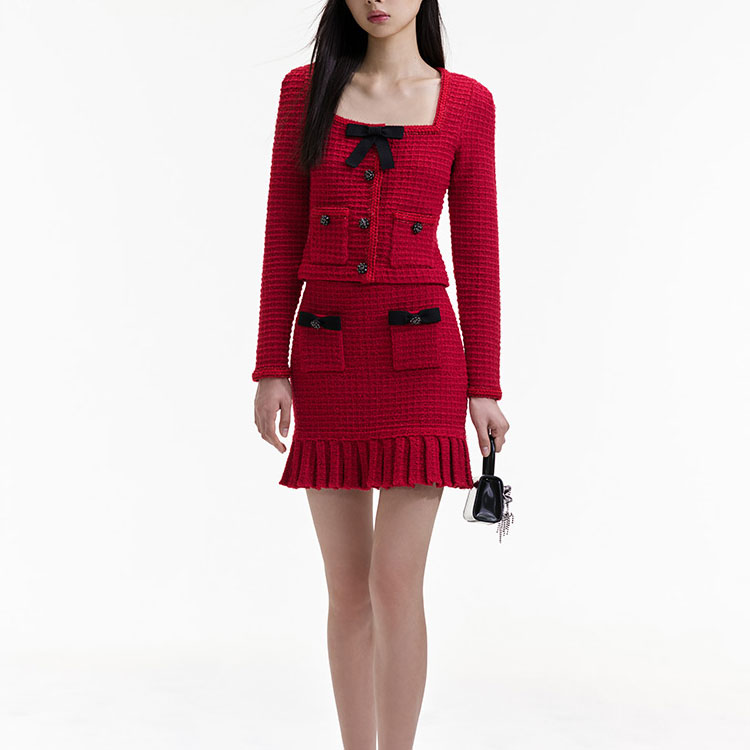 Lookbook (W) Chaqueta Cárdigan de Punto Burdeos Self-Portrait con Lazo y Patrón a Cuadros. SWF351M00600