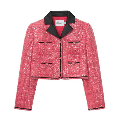 (Women) Self-Portrait Burgundy Sequin Lapel Buttoned Long Sleeve Jacket SWF351T00300