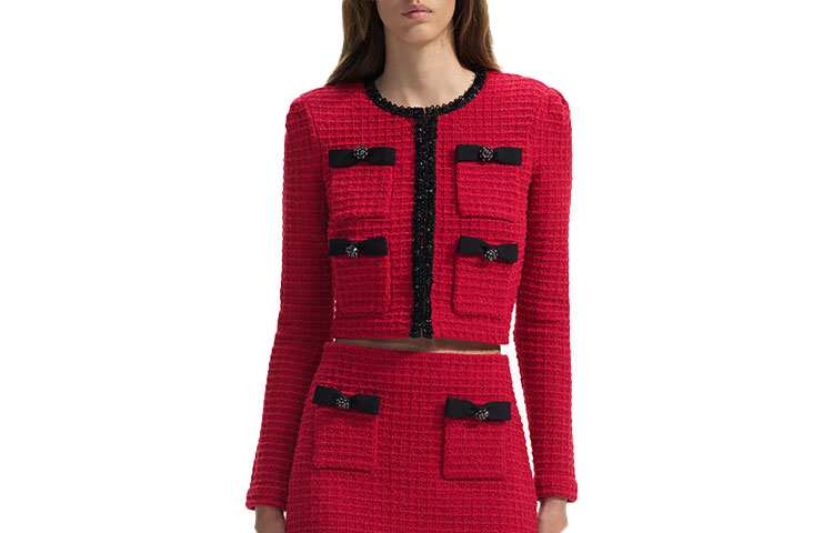 (Women) Self-Portrait  Burgundy Single-Breasted Long Sleeve Cropped Jacket SWF351M01400