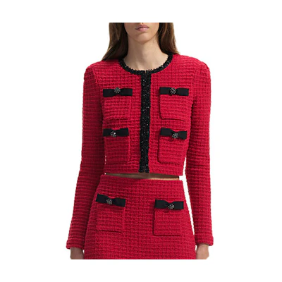 (Women) Self-Portrait Burgundy Single-Breasted Long Sleeve Cropped Jacket SWF351M01400