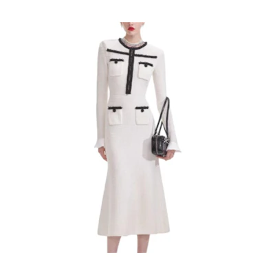 (Women) Self-Portrait Casual Long Sleeve Dress White/Black Contrast SWF361M06200