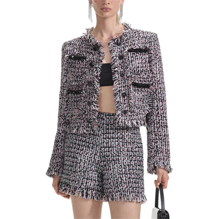 (Women) Self-Portrait  Check Tweed Long Sleeve Button Jacket - Black Check SWF353T00300