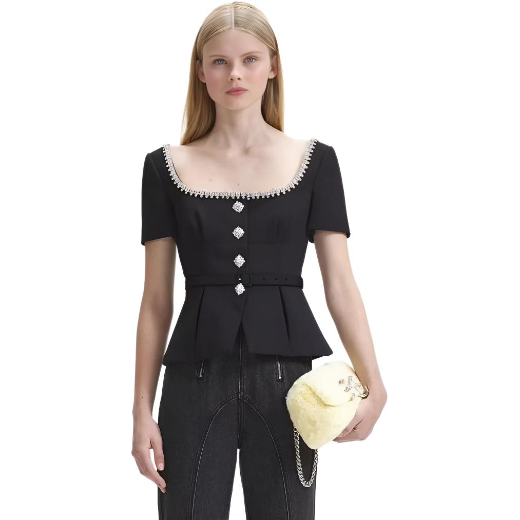 (Women) Self-Portrait  Chic Black Chiffon Blouse Puff Sleeve Elegant Waist Design AW23-069TA-B