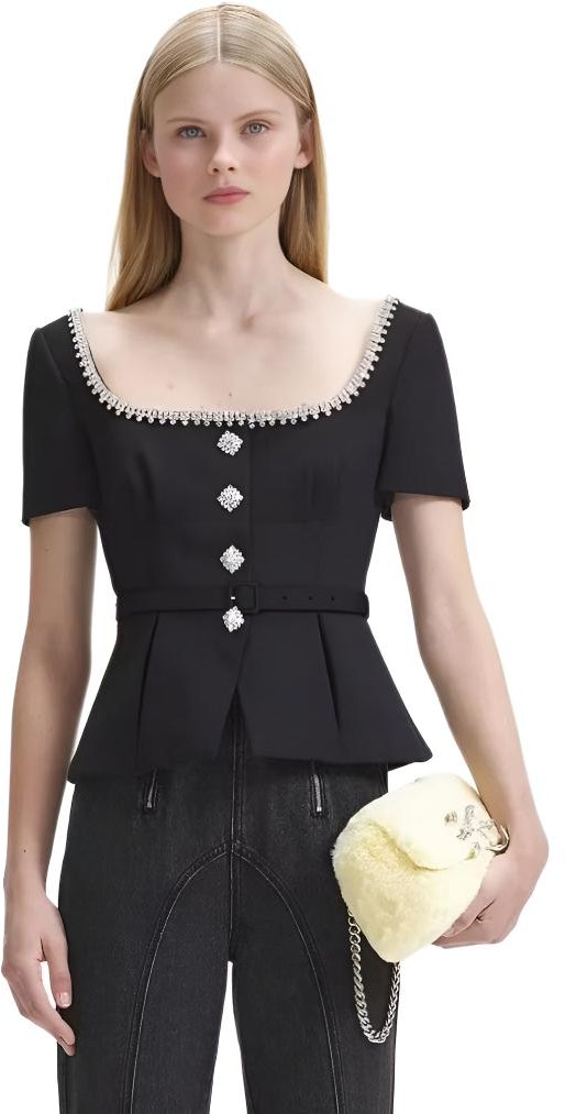 women-self-portrait-chic-black-chiffon-blouse-puff-sleeve-elegant-waist-design-aw-23-069-ta-b