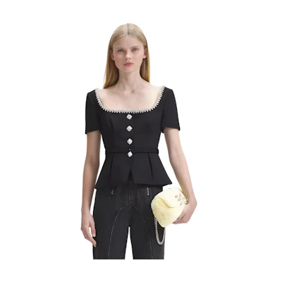 (Women) Self-Portrait Chic Black Chiffon Blouse Puff Sleeve Elegant Waist Design AW23-069TA-B